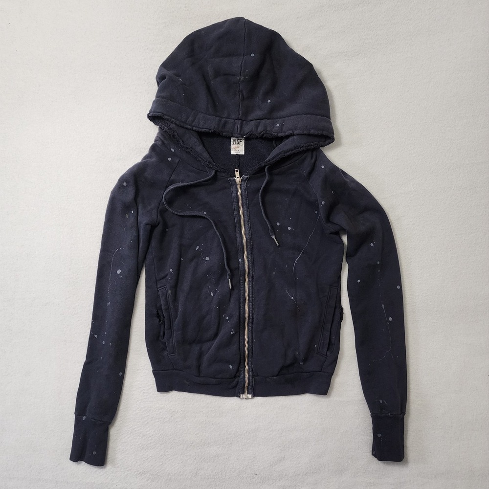 NSF Distressed Hoodie Womens Petite Blue Paint Splatter (Movie Prop Jane Stunt)